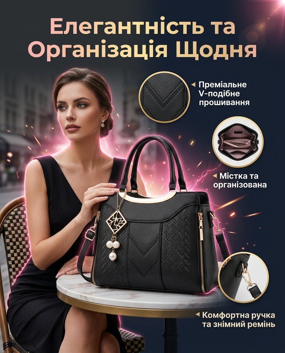 Жіноча сумка-саквояж з V-подібною прострочкою